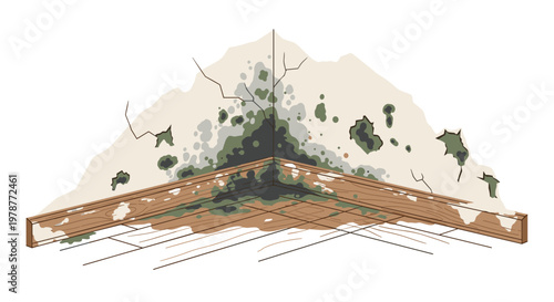 Extensive dark green and black mold patches spread across a cracked corner wall and onto the adjacent wooden floorboards in a neglected room interior.