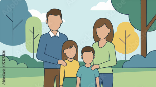 Family with two children standing together in a park, minimalist illustration style