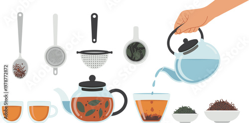 Hand pouring hot tea from glass teapot into cup with brewing accessories, strainers, loose leaves, and glass mugs vector set.