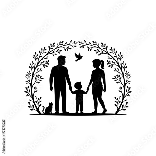 Family silhouette with child and pet in leafy archway
