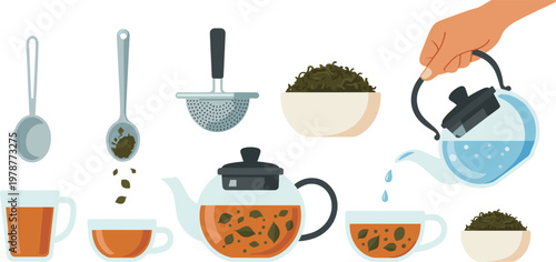 Hand pouring hot tea from glass teapot into cup with brewing accessories, strainers, loose leaves, and glass mugs vector set
