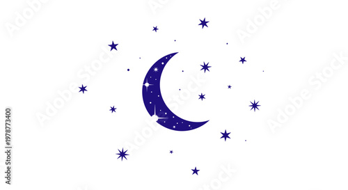 a blue crescent moon surrounded by stars.