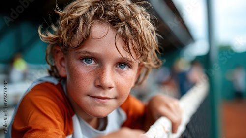 A young boy with curly hair is intensely focused on a tennis game while leaning against a railing, showcasing determination and eagerness to excel.