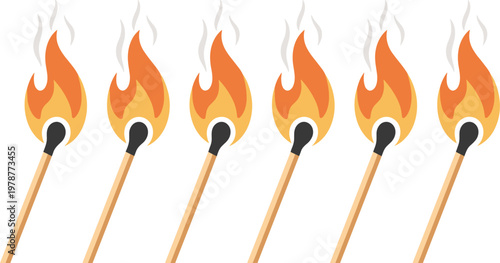 Set of burning matchstick illustrations with bright orange flames and smoke for fire safety energy heat and spark concept design.