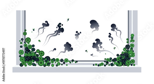 A modern window frame is heavily infested with green gear-like fungal colonies while dark smoke-like spores float through the air in the interior space.