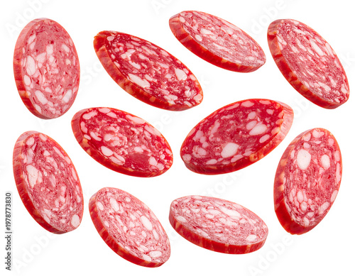 Sliced cured meat circles with pink and white marbling