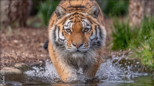 Majestic wild feline moves forward through shallow water splashing around its paws