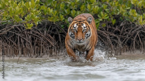 Large feline predator advances directly toward the viewer through shallow water near dense foliage
