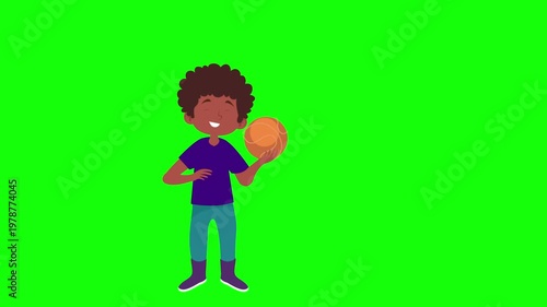 Young Boy Dribbling Basketball, Happy Children Day Concept, Kids Playing Sport, 2D Illustration Animation on Green Screen Background