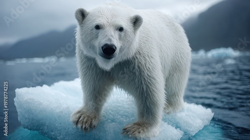 Majestic white predator stands upon a small, melting ice floe in turbulent water
