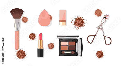 An assortment of essential beauty tools including a pink blending sponge and a sleek eyeshadow palette is meticulously arranged with scattered bronze powder piles.