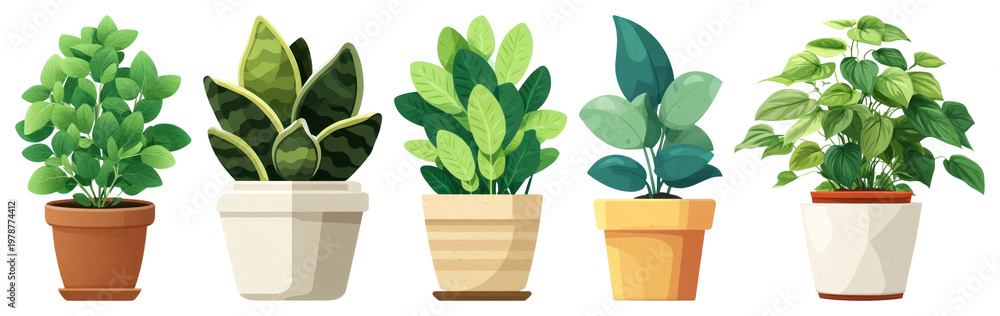 Fototapeta premium PNG Vibrant potted plants illustration on transparent background