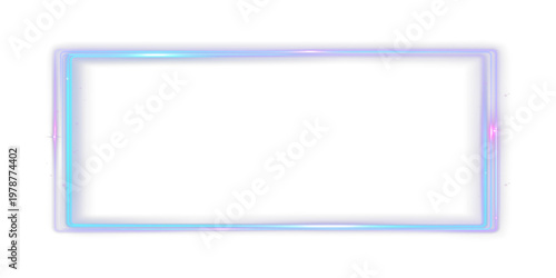 Futuristic neon rectangle frame with glowing light effect, isolated on transparent background.