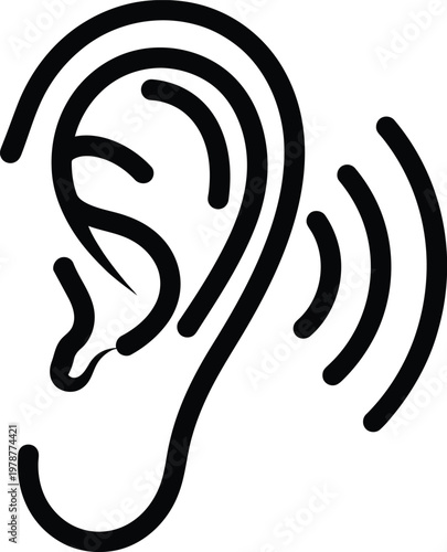 Simple black and white line drawing of a human ear with sound waves