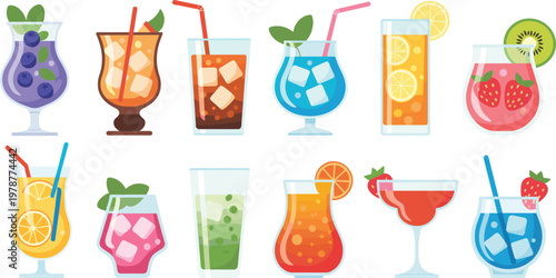 Large collection of colorful summer cocktail and mocktail vector illustrations with tropical fruits ice cubes and straws for bar menu beach party designs.