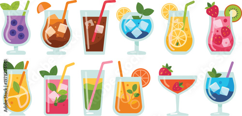 Large collection of colorful summer cocktail and mocktail vector illustrations with tropical fruits ice cubes and straws for bar menu beach party designs