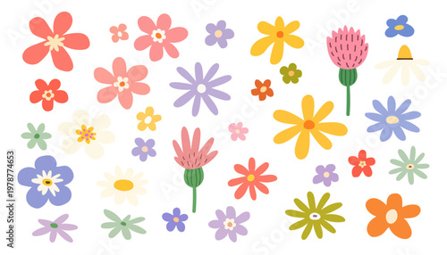 Spring flower vector set in hand drawn groovy style, colorful floral elements collection with retro doodle wildflowers for stickers, greeting cards and decorative design. Wildflowers collection.