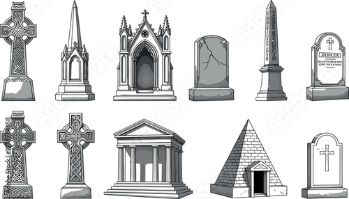Gravestone and Monument Collection with Cemetery Cross Pyramid Obelisk and Mausoleum Illustrations for Memorial Design Set