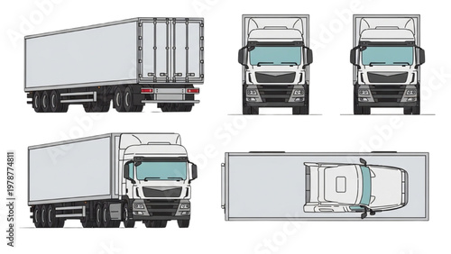 Vector CAD designs of a semi-truck in various views including side front and top perspectives