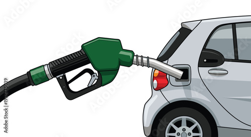 A green gasoline pump nozzle is inserted into the fuel filler neck of a modern silver hatchback car for refueling at an outdoor service station.