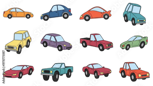 Various colorful cars in vector CAD illustrations on a white background