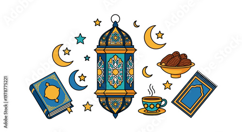 A vibrant collection of traditional Islamic symbols featuring an ornate lantern, holy Quran, plate of dates, steaming coffee, and a blue prayer rug.