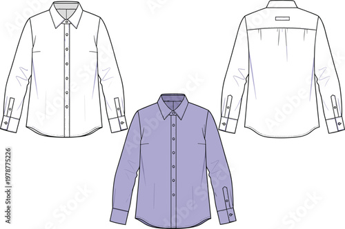 Formal long sleeve button down shirt technical sketch vector illustration featuring front and back views for fashion design and tech pack development