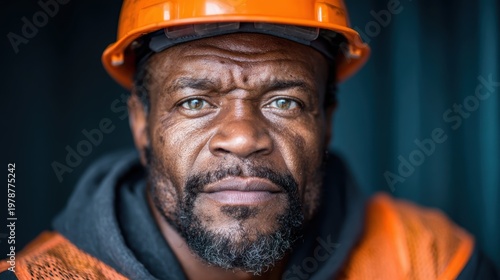 A determined construction worker stares intensely into the camera, highlighting his rugged features and dedication to his profession while wearing an orange safety helmet.