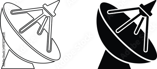 Satellite dish outline and silhouette icon with dish antenna radio telescope flat design communication technology receiver