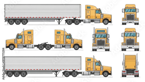 Vector CAD illustration of various yellow trucks and trailers in different views