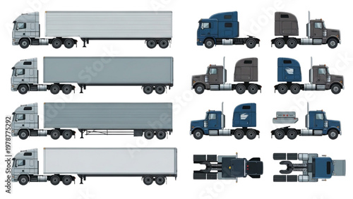 Various vector CAD trucks and trailers in different views and colors