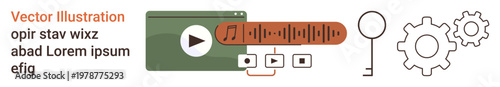 Media design, technology, playback controls, security concepts, user interface, settings gear. Icons include a media player, audio symbol key and gear outline. Media design and security concept