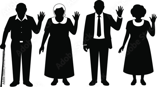 Black silhouettes of elderly and professional people waving hands including man with walking stick and businessman in suit isolated on white background