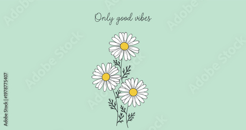 Hand drawn daisy flowers with only good vibes quote in minimal aesthetic style for greeting card and decorative design