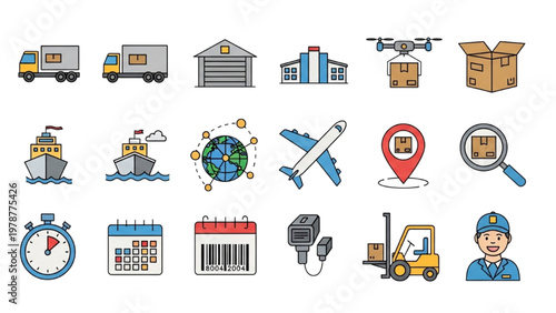 Logistics vector CAD icons show delivery trucks and warehouse operations
