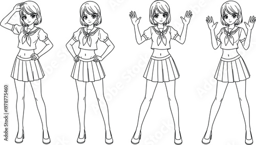 Anime girl character set in Japanese school uniform line art style featuring various poses and expressions for manga coloring books and digital design.