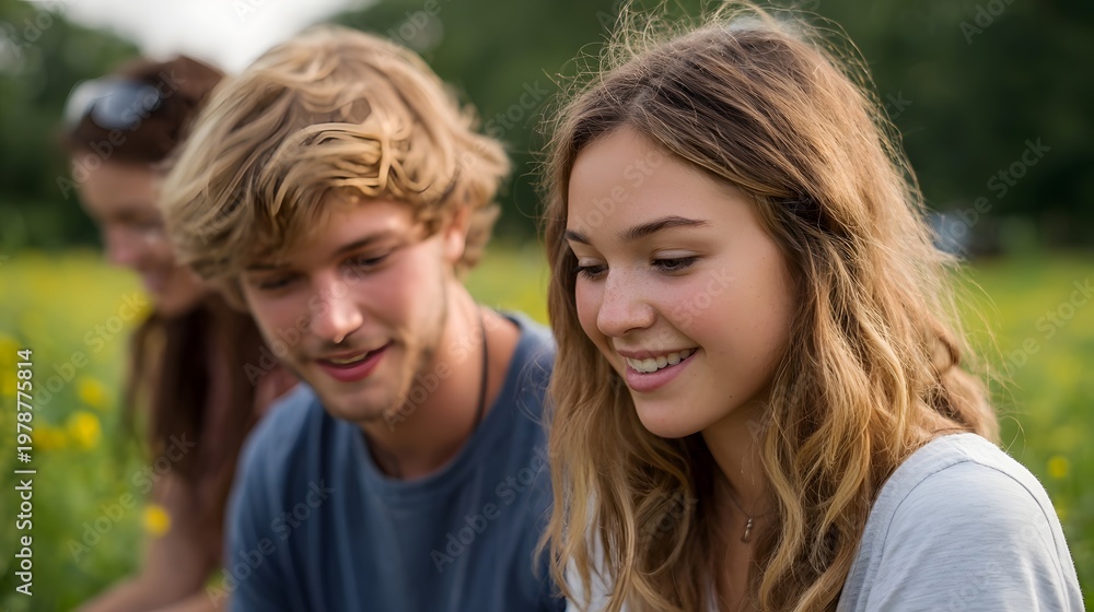 Fototapeta premium Young friends share a moment of joyful connection in a vibrant sunlit meadow filled with wildflowers
