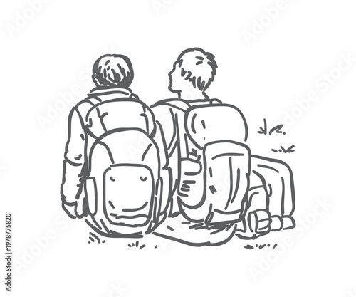 Minimalist black and white line art of two travelers with backpacks sitting side-by-side. Modern hand-drawn vector sketch, perfect for travel branding, hiking blogs, and adventure designs.