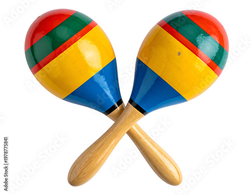 Two colorful, wooden maracas crossed against a white background
