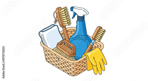 Woven wicker basket holds an assortment of essential cleaning supplies such as a blue spray bottle and wooden scrubbing brushes on a pure white background.