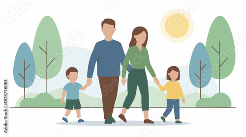 Family with two children walking outdoors in park, flat style illustration.