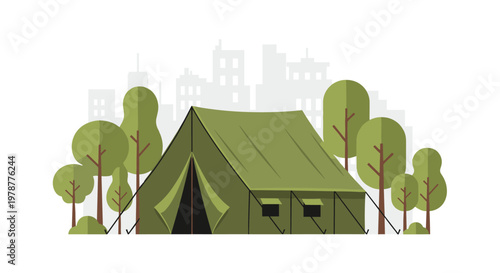 Green camping tent sits peacefully among stylized trees with a subtle grey urban city skyline silhouette rising in the distant background under soft light.