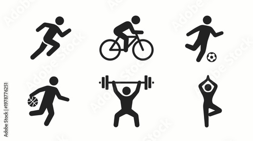 Collection of diverse sports and fitness icons representing activities like running, cycling, soccer, basketball, weightlifting, and yoga