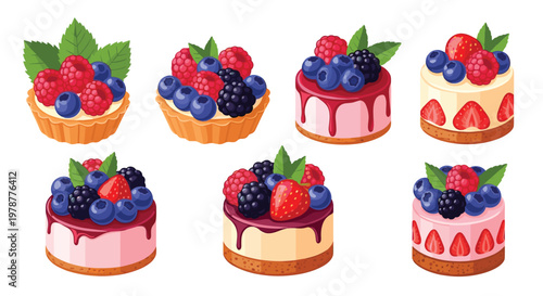 Assorted collection of seven delicious mini cakes and tarts topped with fresh raspberries and blueberries and blackberries and strawberries on a white background.