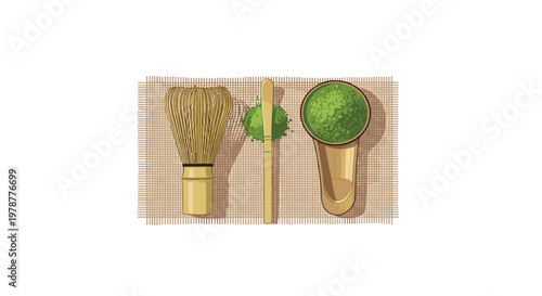 Traditional Japanese matcha tea preparation tools including a bamboo whisk and scoop are arranged neatly on a woven mat with vibrant green tea powder.
