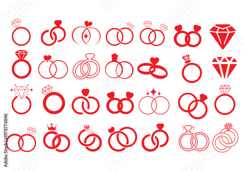 diamond studded engagement rings vector set, wedding ring symbolizing love and commitment. Variety of designs, from classic solitaires to intricate patterns 
