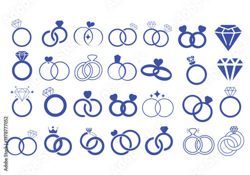 diamond studded engagement rings vector set, wedding ring symbolizing love and commitment. Variety of designs, from classic solitaires to intricate patterns 