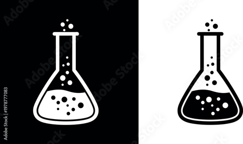Laboratory flask icon with bubbling liquid in solid and outline styles representing science chemistry experiment and research design