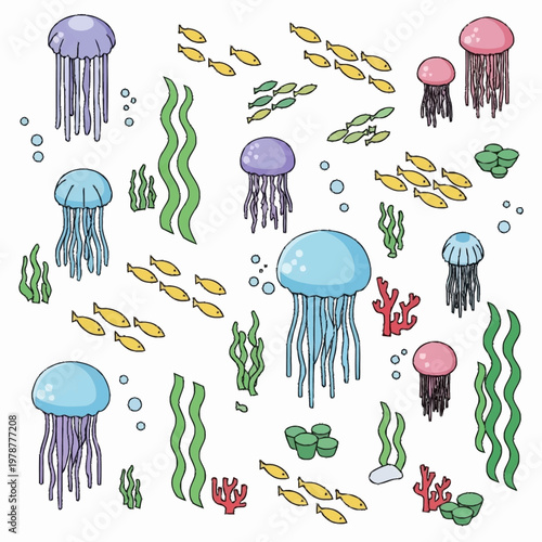 Colorful jellyfish swimming in ocean.