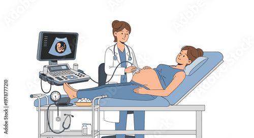 A dedicated female doctor performs a detailed ultrasound scan on a pregnant woman while a clear fetus image appears on the modern diagnostic monitor.